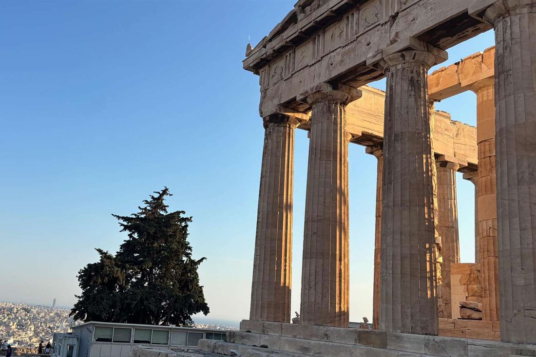 Sunlit Doric columns of the Parthenon on the Acropolis of Athens under a clear blue sky, with Athens rooftops and a pine tree on the left.